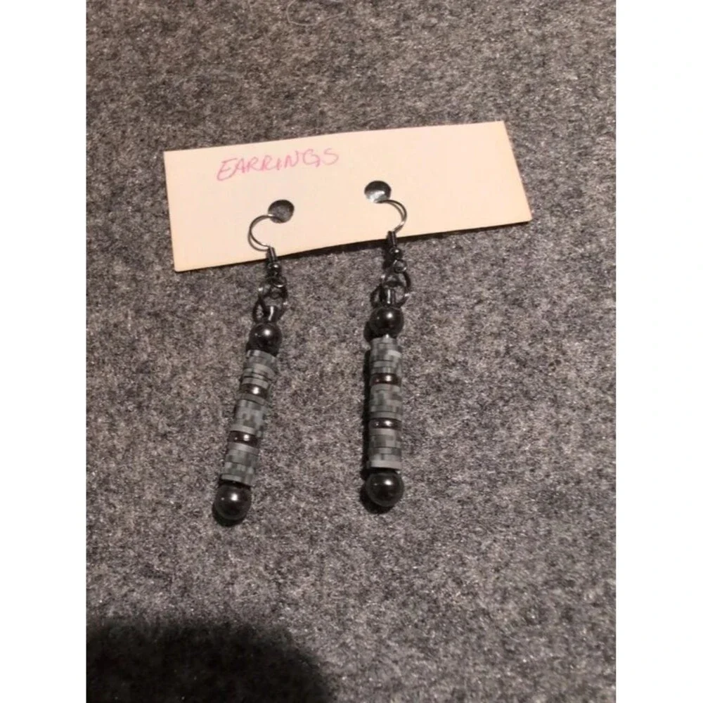 Pewter and black flat bead dangle earrings